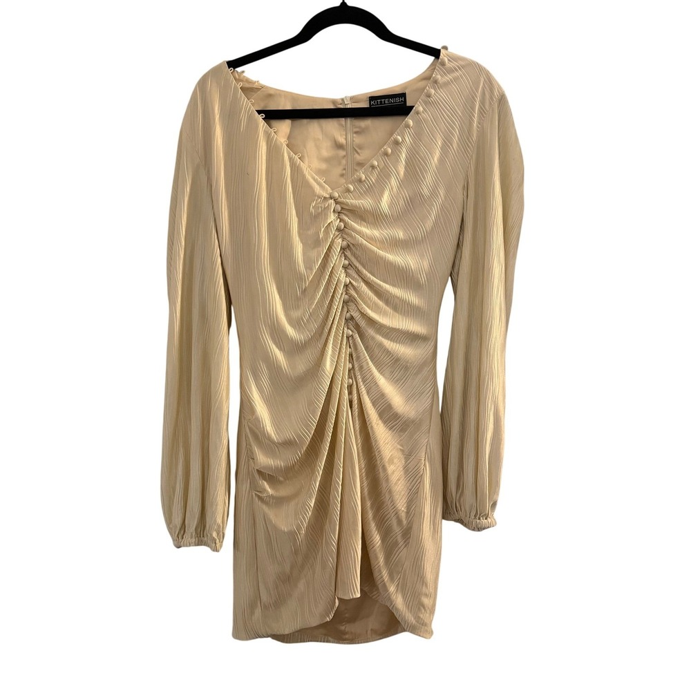 Kittenish Ruched Mini Dress Champagne Cream Large Long Sleeve Cocktail Party